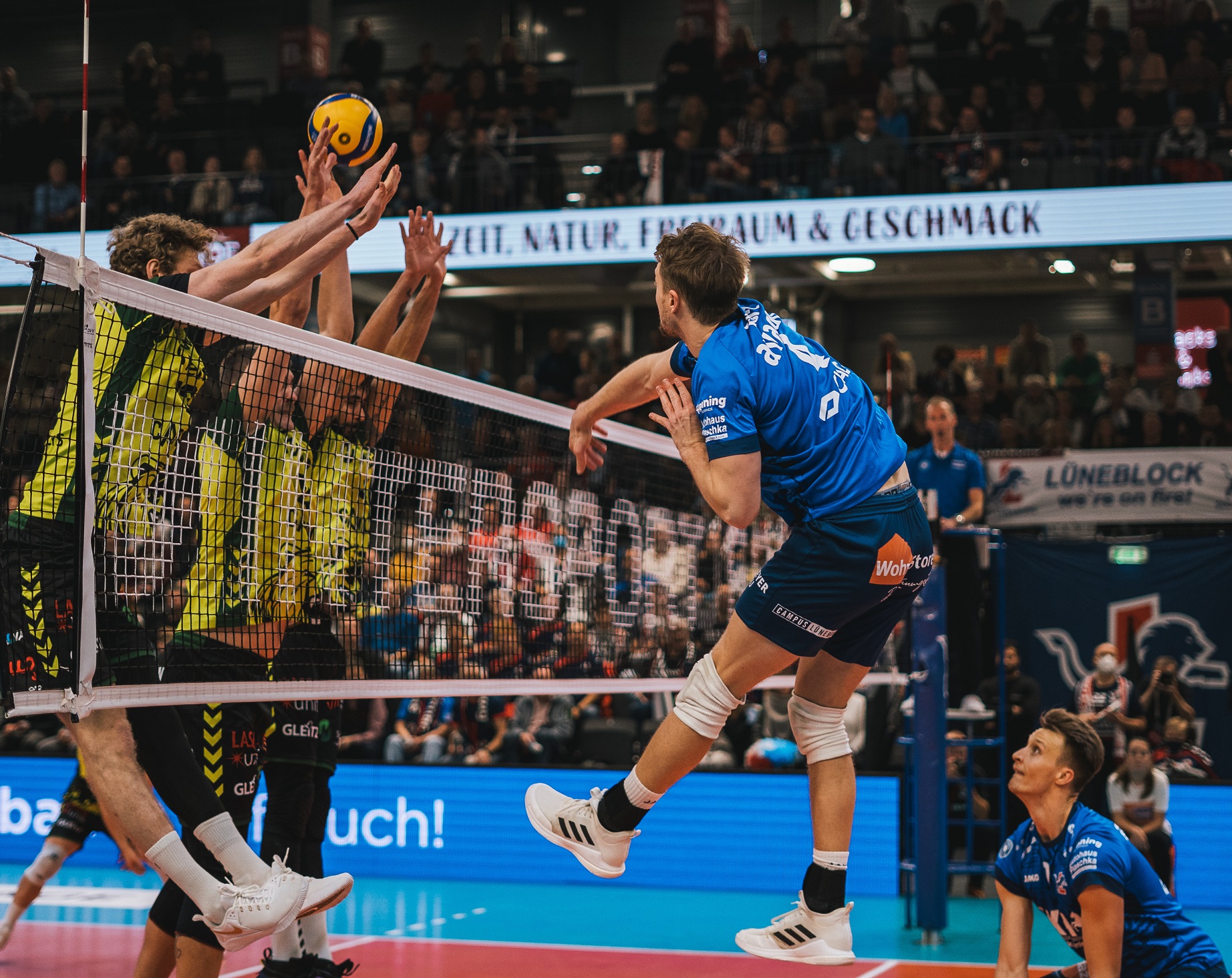 Jordan Ewert gegen einen Grizzlys Dreierblock - im letzten Satz drehte er richtig auf und wendete den nächsten Tiebreak ab. Fotos (2): Behns