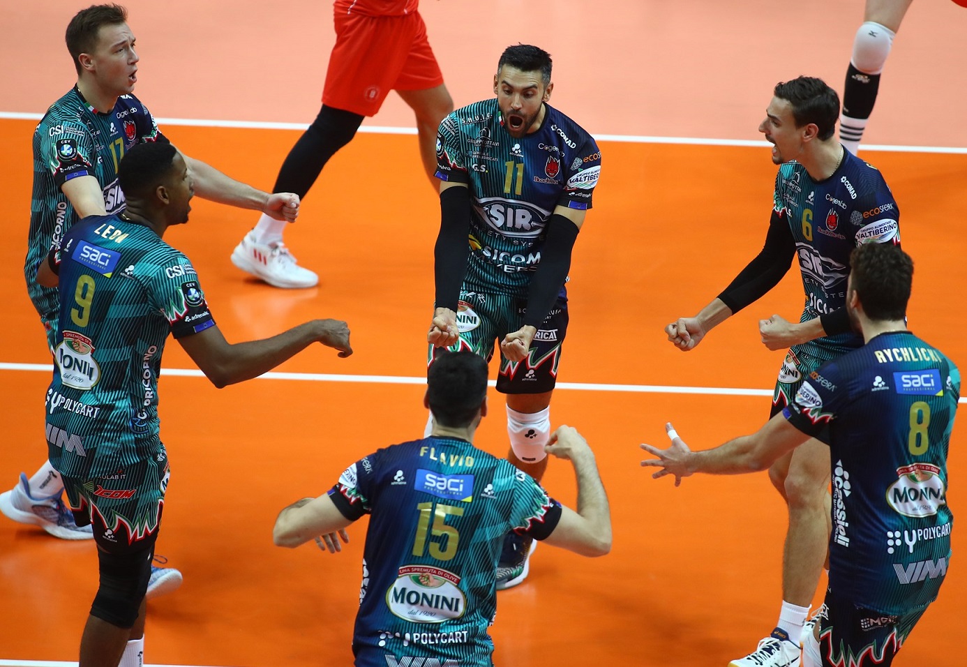Perugia - ein Team voller Superstars, hier (im Uhrzeigersinn v.l.): Oleh Plotnytskyi, Sebastián Sóle, Simone Giannelli, Kamil Rychlicki, Falvio und Wilfredo Leon (Nr. 9). Foto: CEV